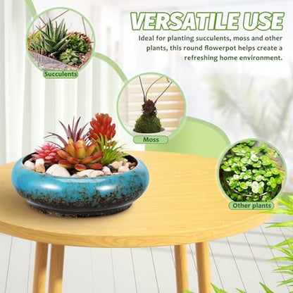 Toddmomy Lotus Flower Bowl Planter 6.88 Inch Round Shallow Ceramic Pot with Drainage Hole for Succulents Cacti Bonsai Indoor Plants Home Office Decor - size: 1pc