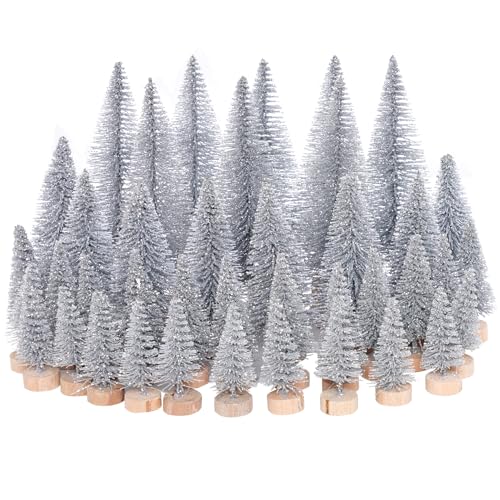 Yookat 40Pcs Artificial Mini Pine Trees Sisal Trees Bottle Brush Trees - color: Silver