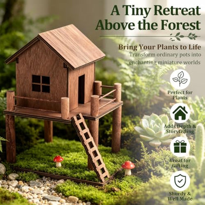 Timberwood Mini Treehouse for Indoor Plant Pots, Fairy Gardens | Whimsical woodland décor for planters, moss gardens, terrariums & desktop décor, charming gift for plant lovers & gardeners - style: Timberwood