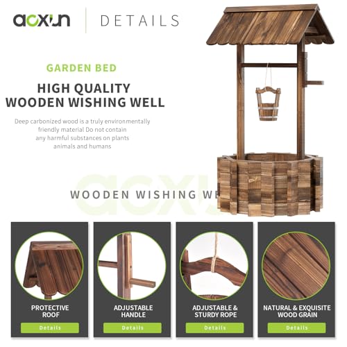 Aoxun 22" Wooden Wishing Well Planters with Hanging Bucket | Garden Helper, Rustic Garden Decor for Outside, Yard, and Patio, Upgrade Reinforced Base, Brown - size: 22" w/ Reinforced Rod