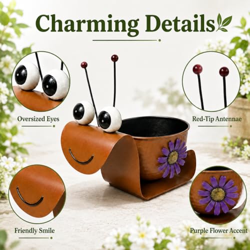 Snail Metal Planter, Cute Animal Iron Plant Pot for Succulents, Cactus & Small Flowers, Whimsical Indoor Outdoor Garden Decor for Desk, Patio, Balcony, Gift for Plant Lovers