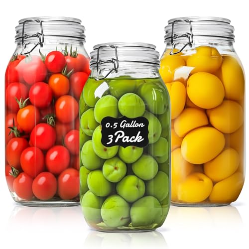 ComSaf Large Glass Mason Jars with Airtight Lids Half Gallon 3 Pack Bulk | BPA-free food-grade glass, wire clamp seal, half-gallon 71 oz bulk, vegetable pickling, fermentation jars, candy jar - size: 71oz*3