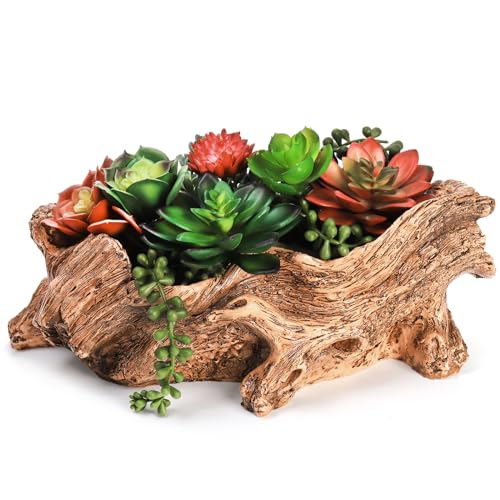 Tebery Artificial Driftwood Stump Log Planter Vintage Cactus Container with Drainage Hole, Creative Imitation Sculpture Resin Succulent Flower Pot for Herb, Strawberry, Small Plants