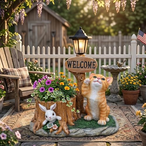 Solar Cat and Rabbit Statue - 20 Inch Welcome Sign Garden Planter with Tree Stump Flower Pot and LED Lantern, Outdoor Animal Sculpture for Pathway Decor, Weather Resistant Resin - color: Orange Cat