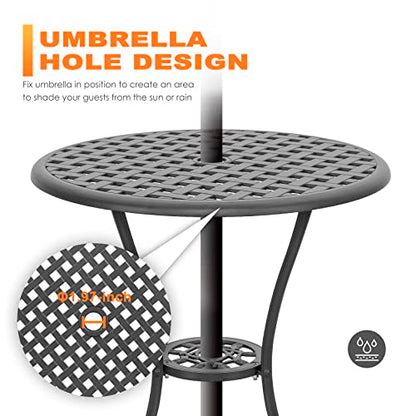 NUU GARDEN 3 Piece Patio Bistro Set, Cast Aluminum Patio Bistro Table and Chairs Set of 2 with Umbrella Hole, Outdoor Bistro Set for Patio or Backyard, Black - color: No Cushion