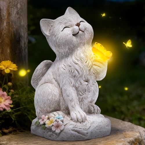 basen Solar Cat Statue with Glowing Butterfly, Outdoor Garden Cat Figurine Decor for Yard Lawn Patio, Resin Solar Animal Sculpture with LED Light for Garden Landscape Decoration - color: Cat & Butterfly