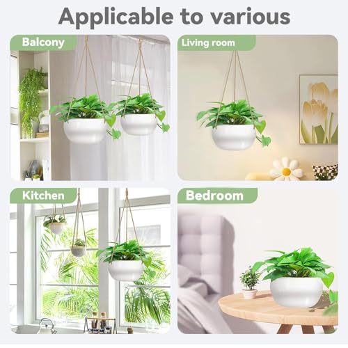Ceramic Hanging Planters for Indoor Outdoor Plants,8 in Modern Plant Pot Round Porcelain Hanger Basket with Rope Hanging Plant Holder Drainage Flower Pot for Herbs Ferns Ivy Pothos,White