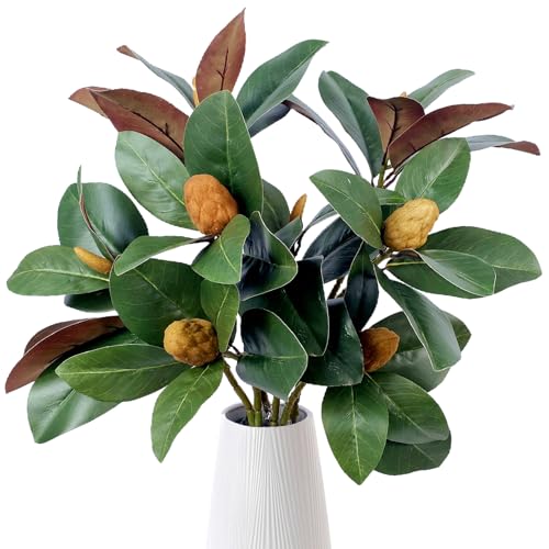 Pack of 4 - Faux Magnolia 32 Inch Long Artificial Magnolia Leaves Branches Fall Greenery 3D Plastic Printing Houseplant Plant for Indoor Outdoor Home Wedding Centerpiece Decor (Green - Pack of 4) - color: Green - Pack of 4
