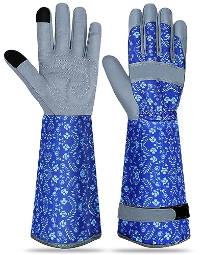 Long Gardening Gloves for Women Thorn Proof Leather Garden Gloves Breathable Working Gloves for Women Yard Outdoor - color: Bright Blue-large