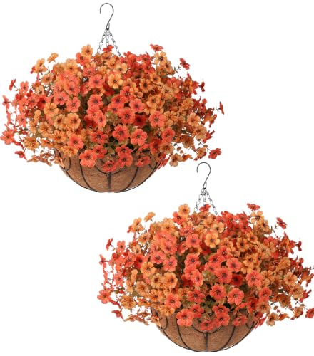 2 Set Artificial Outdoor Faux Fall Mums Hanging Flowers Plants Basket Outside, 14 Bundles Fake Silk Daisy Fern in Planter UV Resistant for Autumn Porch Balcony Patio Yard Decor, Orange Yellow - color: Fall Orange Yellow