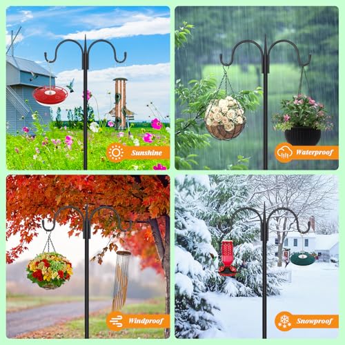 Heavy Duty Shepherds Hook 2 Pack 108" Double Hooks Adjustable (44/60/76/92/108") - Metal 5-Prong Base, 12lb Capacity - Bird Feeder Pole for Hanging Planters, Lanterns, Wind Chimes - size: 108 Inch(Pack of 2)