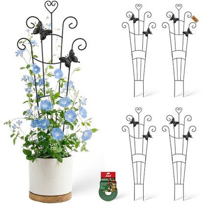 32.6in Plant Trellis for Climbing Plants Indoor with Butterflies, Expandable Large Metal Trellis for Potted Plants, Heavy-Duty Tall Pothos Plant Climber Support for Ivy Pothos Hoya Monstera, 4P - size: 32in/heart,4p