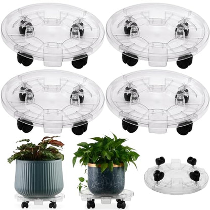 4 Packs 11.8 Inches Large Clear Plant Caddy Plant Saucers on Wheels Rolling Plant Stands Heavy-duty Plant Dolly Plastic Planter Roller Base Pot Movers Outdoor Plant Tray Coaster - size: 11.8 inch