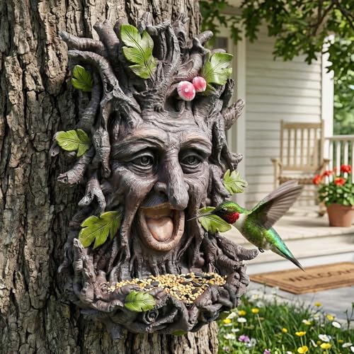 12" Real Tree Face Hugger Statue, Outdoor Garden Resin Bird Feeder Sculpture with Foliage Features, Fairy Elve Accent Yard Art, Halloween Trees Decorations Outdoor Wall Mounted Statue - color: Green Red