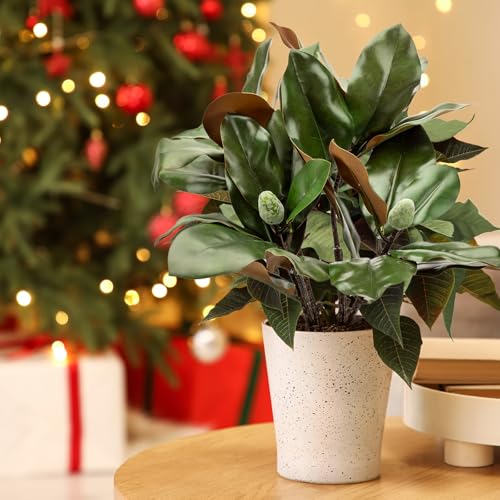 2 Pcs Magnolia Artificial Leaves Branches 32 Inch 3D Real Touch Pick with Fruit Faux Magnolia Stems Fake Twigs for Indoor Outdoor Vase Home Wedding Floral Arrangement Decoration - color: (L) 2 Pcs 32 Inch Green