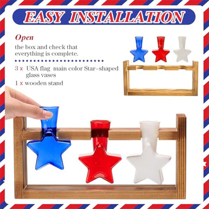 Remerry Patriotic Star Plant Terrarium with Wooden Stand, Red White Blue - color: Red,white,blue, size: 3 Star Vases, style: Patriotic Star