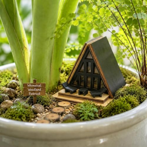 Duskwood Modern A-Frame Mini Cabin for Indoor Plant, Fairy Gardens | Modern black A-frame cabin decor with openable roof, moss gardens, terrariums & desktop decor, charming gift for plant lovers - style: Duskwood