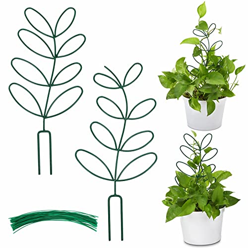 2 Packs Plant Trellis Garden Trellis Plant Stakes Trellis | for Climbing Plants, Indoor Plants Metal Leaf Shape, Plant Support for Houseplants, with 50 Ties Plant Lover Gift (Green) - color: Green