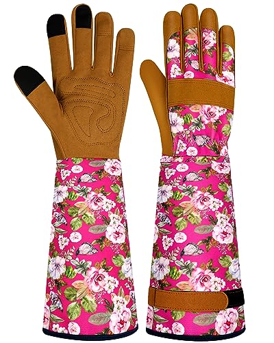 Long Gardening Gloves for Women Thorn Proof Leather Garden Gloves Breathable Working Gloves for Women Yard Outdoor - color: Red-large