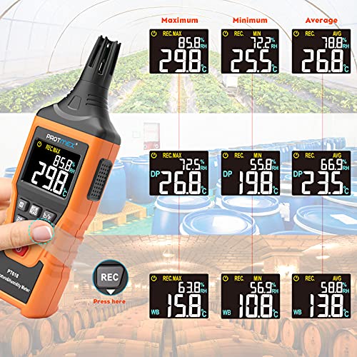 Protmex PT618 Temperature Humidity Meter - Wet Bulb for Indoor/Outdoor | Thermometer Hygrometer Monitor with Ambient, Dew Point, MIN, MAX, Data Hold, LCD Backlight - size: PT618