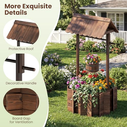 HAPPYGRILL Wooden Wishing Well Planter with Hanging Bucket | Flower Plants Planter, Outdoor Wishing Wells for Yard ,Wishing Well Planters for Outside, Home Decor