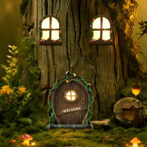 Miniature Fairy Door and Windows Garden Kit Accessories,Glow in The Dark Fairy Door Windows Yard Art Sculpture Decoration Garden Decor(Wood)