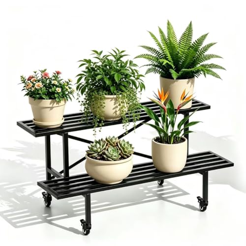 Zhongma 2 Tier Heavy Duty Metal Plant Stand with wheels Indoor Outdoor Use - size: 2-Tier: L35.43 x W17.5 x H16.14 w Wheels