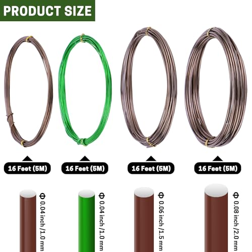 Bonsai Wire Kit 4 Rolls, 64Ft Aluminum Bonsai Training Wire Set | Bonsai Wire Set for Holding Branches 1.0MM, 1.5MM, 2.0MM - color: 16 Ft × (Green+Brown)