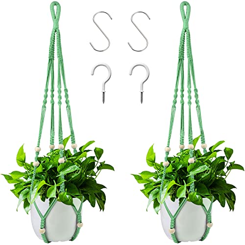 Macrame Plant Hangers Green Hanging Planters for Indoor Outdoor Home Decor, Hanging Plant Holder No Tassels Set of 2 with 4 Hooks - color: Green, size: 35 Inches