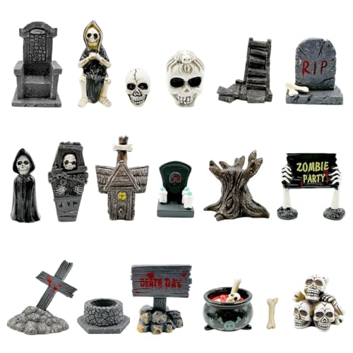 Suartus Halloween Miniature Figurines - 18Pcs Resin Ghost Tombstones Skull Heads Scene Ornaments Halloween Garden Accessories Mini Figurine Decorations for Outdoor Statues Home Village Crafts Decor