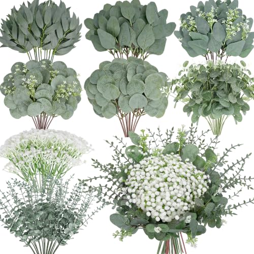 200 Pcs 8 Kinds Mixed Artificial Eucalyptus Stems Bulk Fake Silver Dollar Eucalyptus White Seeds Stems Bundle Faux Plants Greenery for DIY Bouquets Floral Arrangement Wedding Engagement Party Decor - color: Grey Green