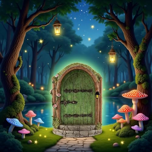 Green Wooden Fairy Door - Miniature Fairy Garden Accessory - Garden Sculpture Lawn Ornament - Art Outdoor Decor Gnome Door Figurine