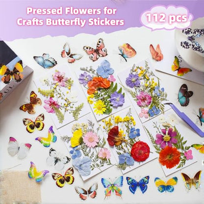 112Pcs Pressed Dried Flower Head for Crafts, Natural Real Mini Flowers Flowers for Crafts, Bulk Flowers for Resin Molds, Candles, DIY Art Jewelry Making with Tweezers Butterfly Stickers Set Decorate