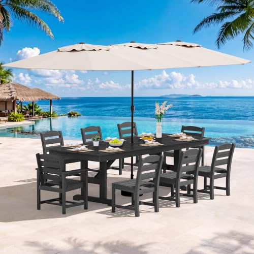 SERWALL 10Pcs 84" HDPE Outdoor Dining Set w/Armless Chair & Umbrella,Black - color: Black, size: 10 Piece (Table+6 Armless+2 Armchairs+Umbrella)