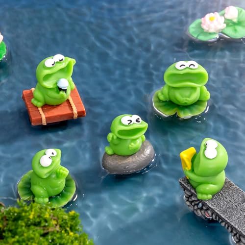 15Pcs Mini Resin Green Frogs Figurines - Tiny Big Mouthed Singing Miniatures for Cake Toppers, DIY Dollhouse, Fairy Garden, Moss Landscape, Terrarium Crafts, Home Decor