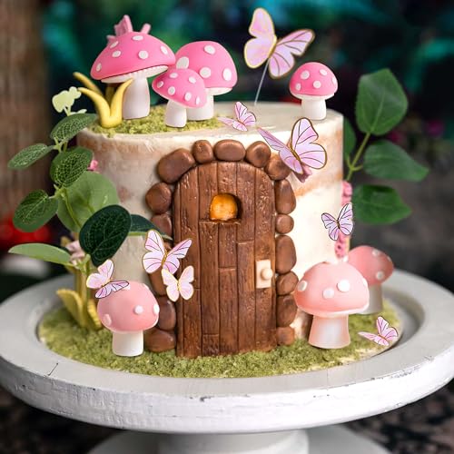 JeVenis Fairy Cake Toppers Pink Mushroom Door Butterfly Flowers Cake Topper - style: PINK