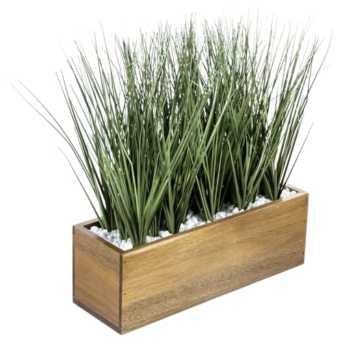 MyGift 12 in Acacia Wood Rectangle Planter Box with Artificial Grass Plant | Natural wood accent piece adds greenery to desks, shelves, and tables with maintenance-free foliage for year-round décor - color: Natural Acacia