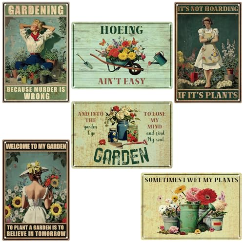 GlikCeil 6 Pcs Funny Metal Garden Signs for Outside Garden Outdoor Decor 12 x 8 Inches Vintage Tin Signs Gardening Gifts for Women Christmas Gifts Wall Decoration Lover Greenhouse Backyard Room Decor