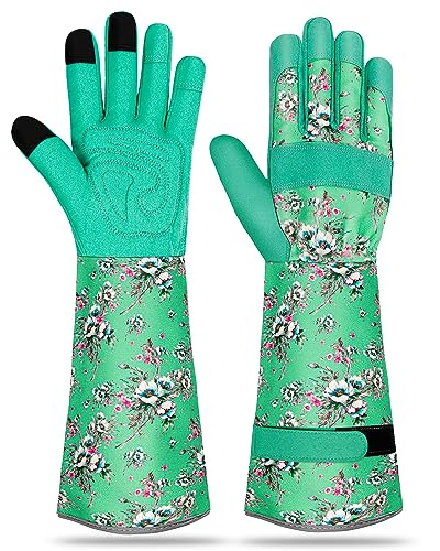 Long Gardening Gloves for Women Thorn Proof Leather Garden Gloves Breathable Working Gloves for Women Yard Outdoor - color: Green-large