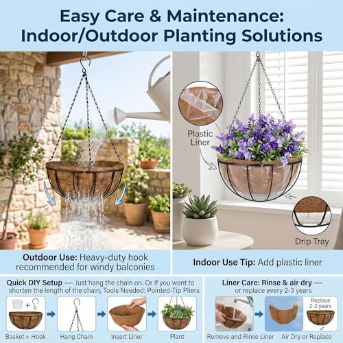 Kingbuy 10 Inch Metal Hanging Planter Basket with Coconut Liner Wire Plant Holder Watering Flower Baskets Round Pot Hanger Garden Decoration for Indoor Outdoor - size: 10 Inch, style: 1 Pack