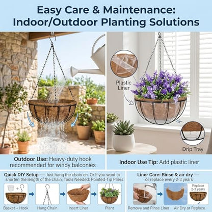 Kingbuy 10 Inch Metal Hanging Planter Basket with Coconut Liner Wire Plant Holder Watering Flower Baskets Round Pot Hanger Garden Decoration for Indoor Outdoor - size: 10 Inch, style: 1 Pack