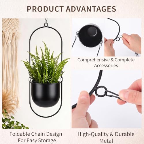 Fumete 2 Set Black Hanging Planters with Chains Metal Plant Hanger Wall Mounted Iron Flower Pot Holder for Indoor Outdoor Plants, Planting Ivy and Fern for Window Porch Balcony and Home Decor