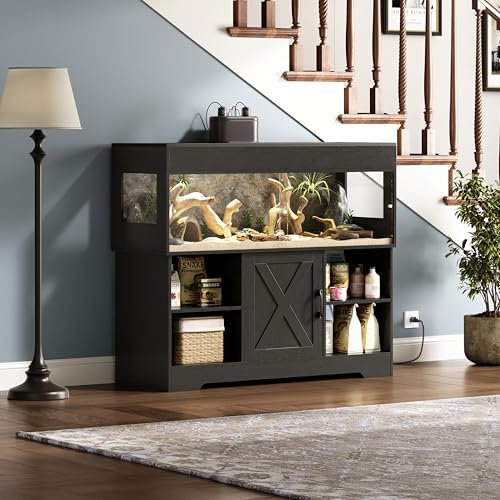 Herture 60 Gallon Reptile Tank with Stand,Reptile Enclosure with Cabinet | Snake Enclosure with Outlets,Sliding Door,Reptile Terrarium Tank Bearded Dragon Tank for Lizards,Geckos Black PX02RTB - color: Black, size: 60 Gallon