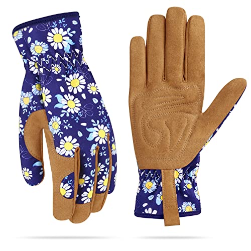 Womens Gardening Weeding Working Gloves, Leather Garden Glove for Women Thorn Proof No Stab for Digging, Planting,Pruning - color: Dark Blue-medium