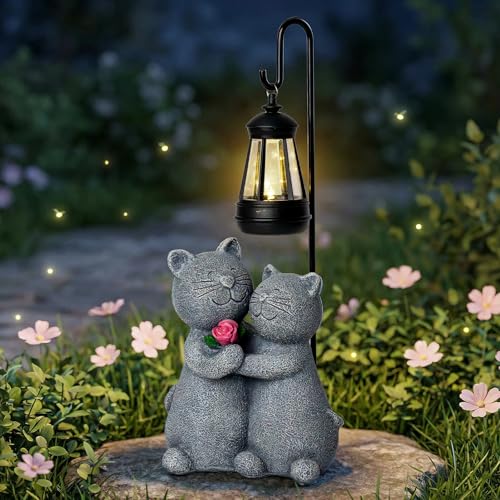 twinbling Outdoor Cat Garden Statues with Solar Lantern, Solar Lantern Cat Figurines Decor for Yard, Lawn, Porch & Patio, Unique Housewarming/Birthday Gifts for Women - color: Gray