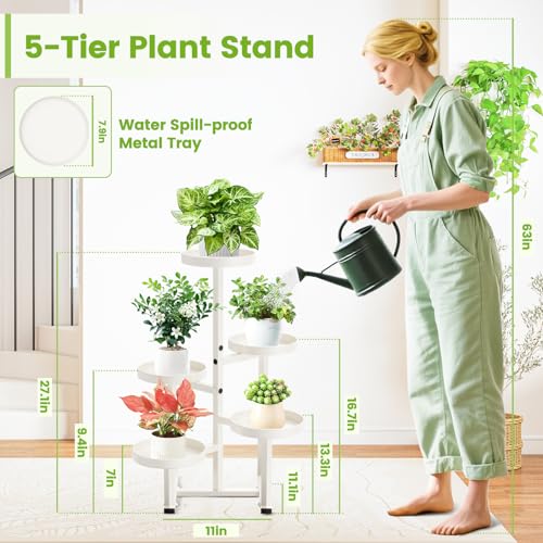 5 Tier Metal Heavy Duty Plant Stand Indoor Outdoor,27In Tall,White | 7.9In Pot,Save Space,Adjustable Foot Pad,Tiered Corner Plant Holders for Multiple Plants,Patio,Garden,Living Room, Balcony