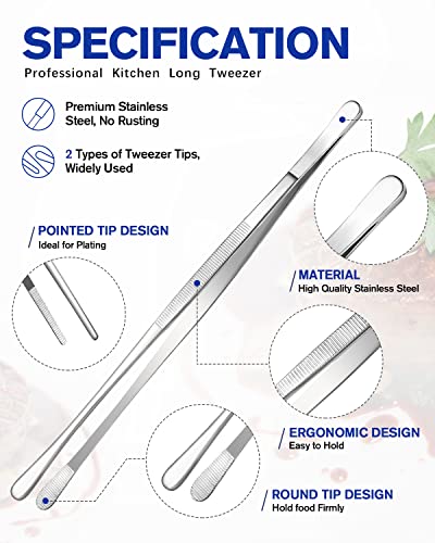 4 Pcs Fine Long Tweezer Tongs Professional Silver, 12'' and 10'' Stainless Steel for Kitchen, Food, Cooking, Repairing, Sea food and BBQ - color: Silver