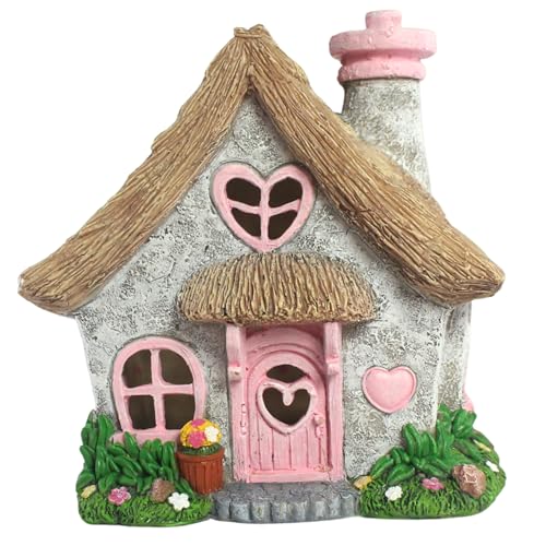 PRETMANNS Solar Fairy House for Outside, Pink, 7.56" High | Hand-painted resin cottage; built-in LED light charges by day, glows at night; for outdoor use, miniature decor - color: Pink