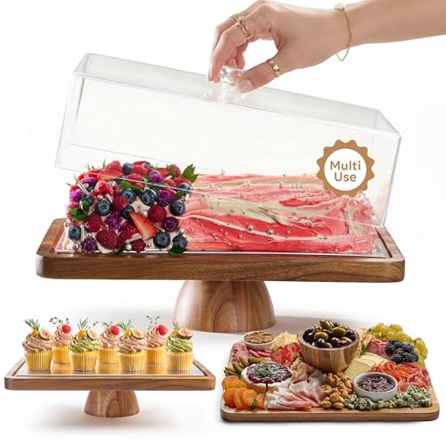 HOMESPHERE Acacia Wood Cake Stand with Lid, 2-in-1 Charcuterie Board, 17x13