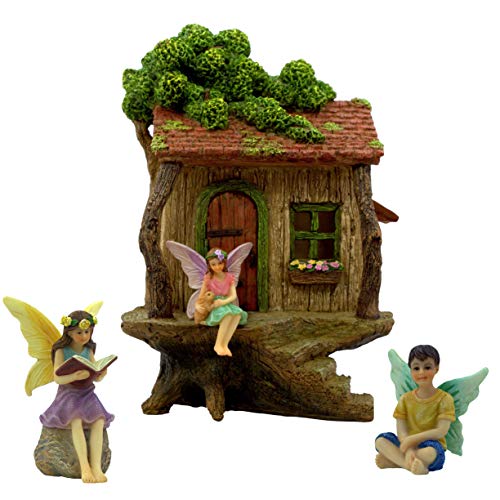 Fairy Houses for Outside - Treehouse Fairy Garden Kit | Outdoor Miniature Village Decor, Includes Three Fairies, House 20 cm High, Treehouse Door Opens Wide